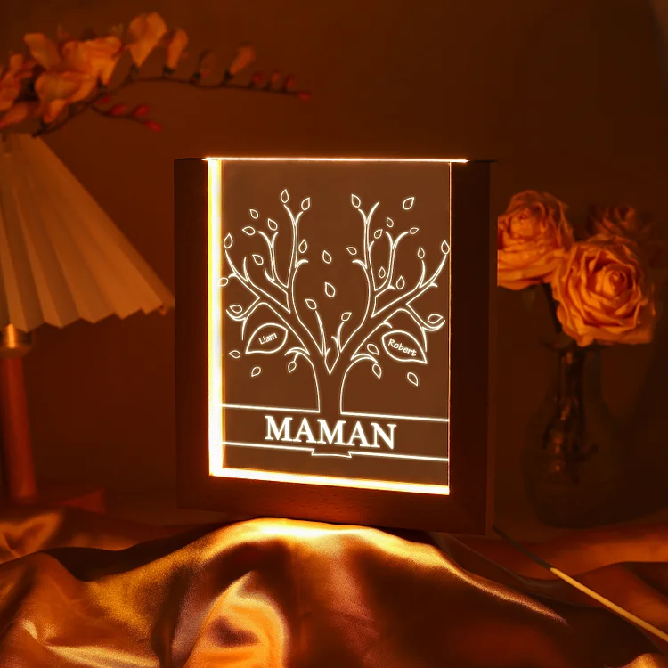 À Maman/Mamie - Lampe de chevet LED Arbre 2 Prénoms Personnalisés avec 1 Texte Jessemade FR