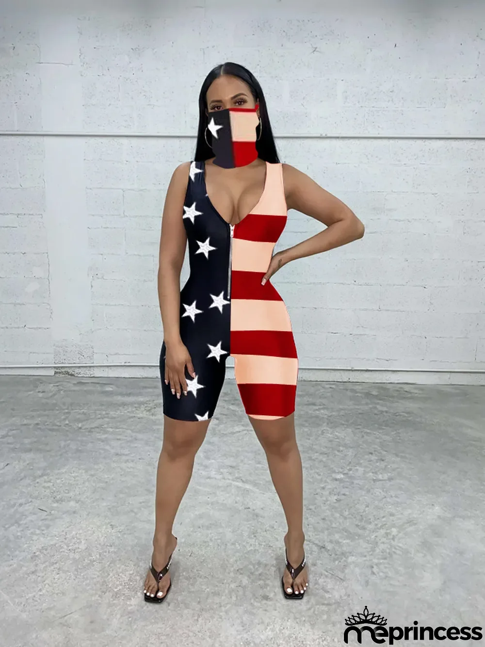 Casual Printed Sleeveless Romper With Mask