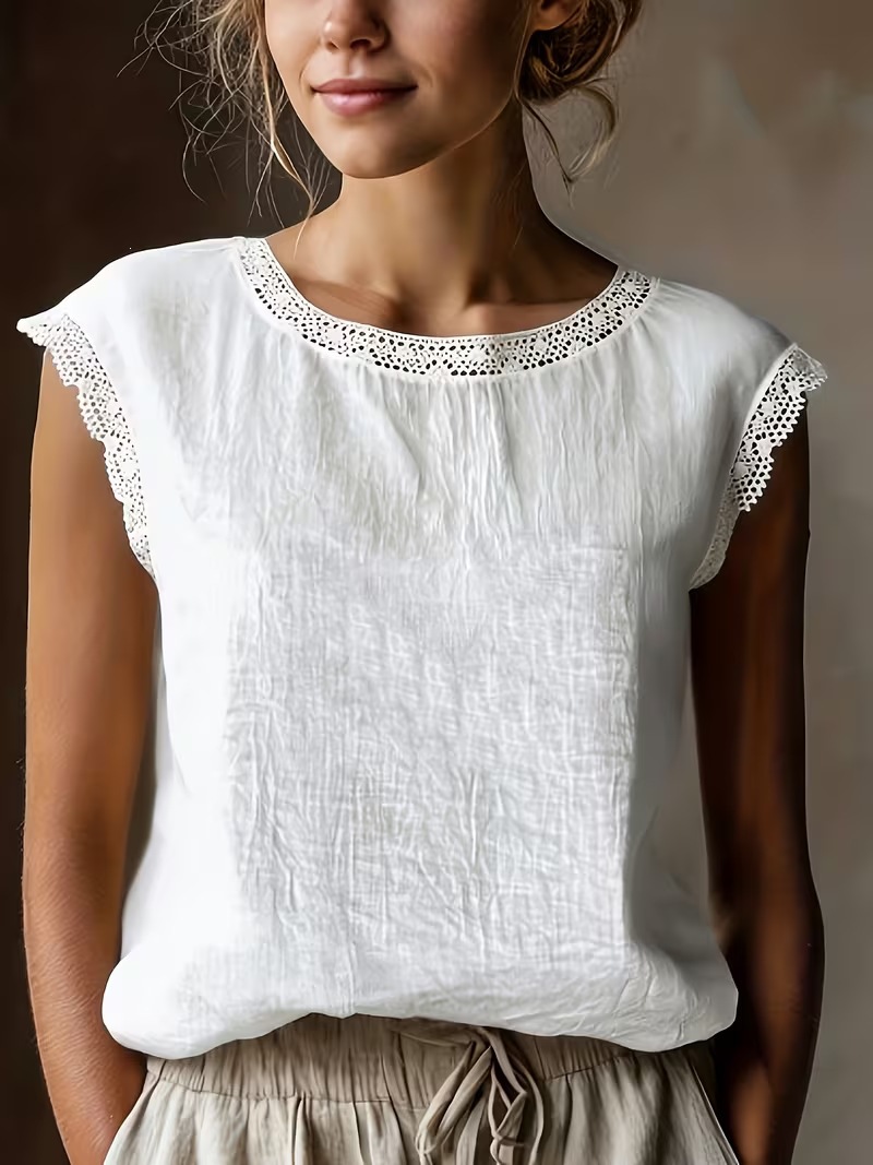 Solid Lace Trim Sleeveless Blouse