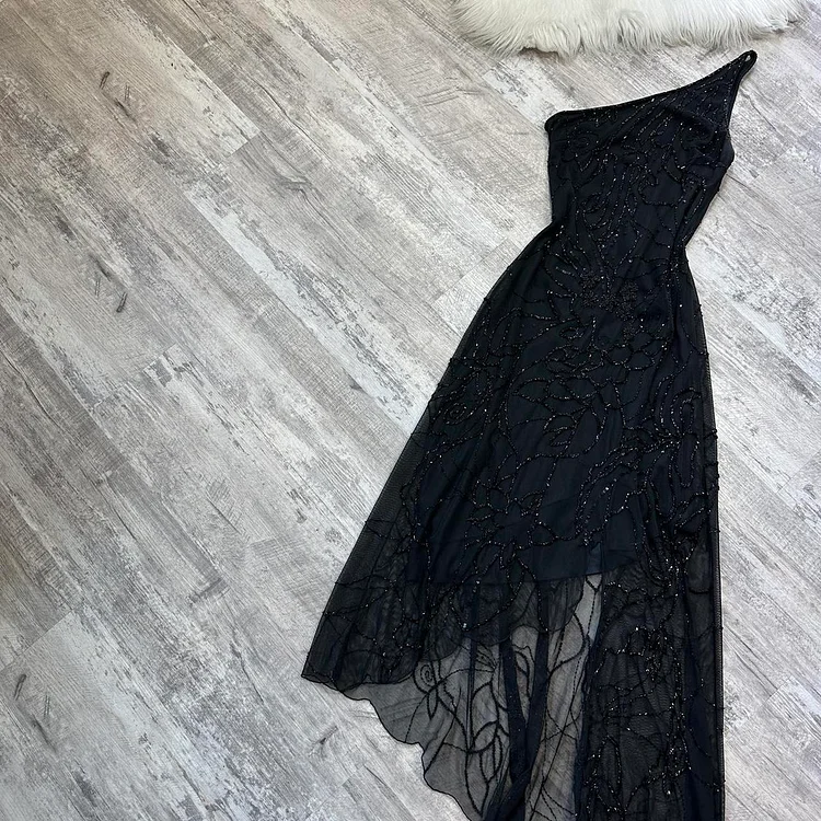 Black shiny fashion one shoulder floral beaded long prom dress evening gown party dress