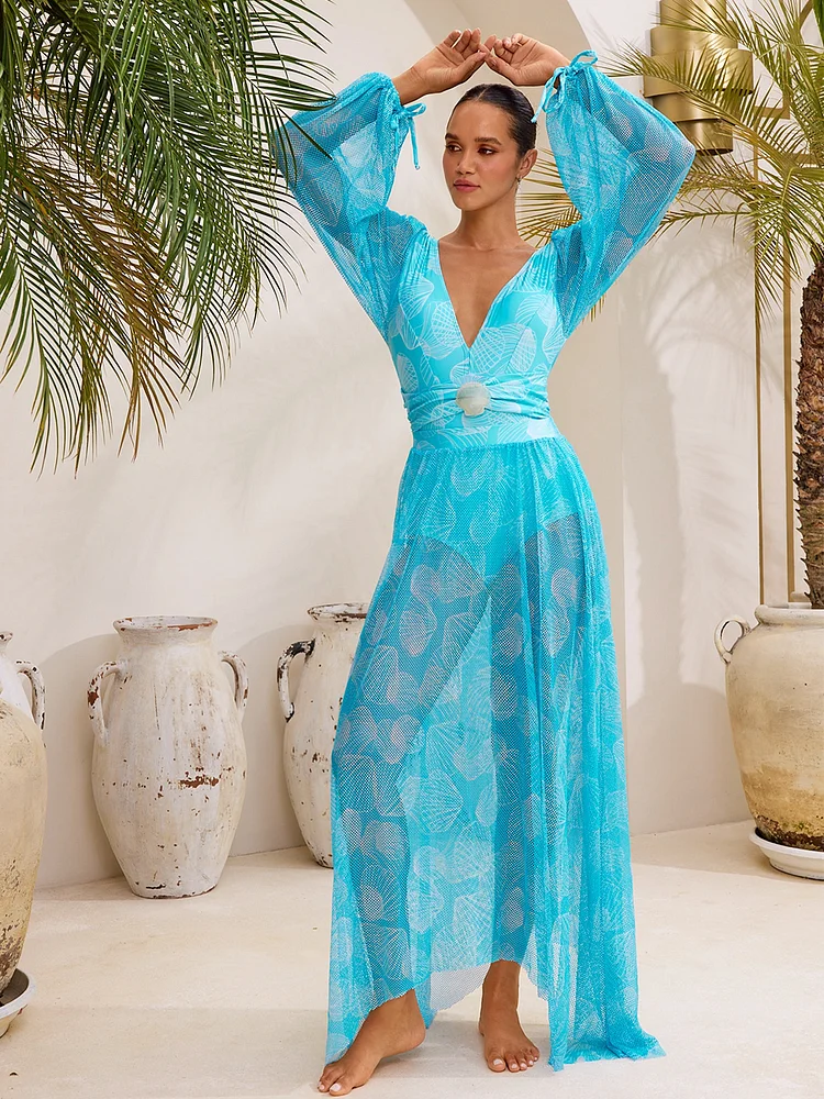 Mesh Splicing Long-sleeved Shell Print One Piece Swimsuit