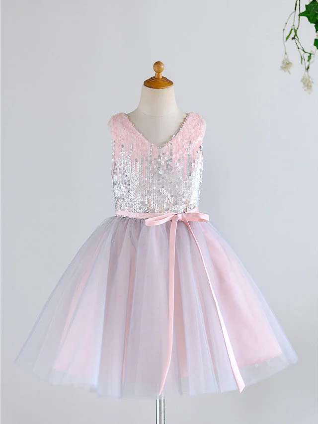 Hellodresses Ball Gown Sleeveless V Neck Flower Girl Dresses Tulle With Belt Sequins
