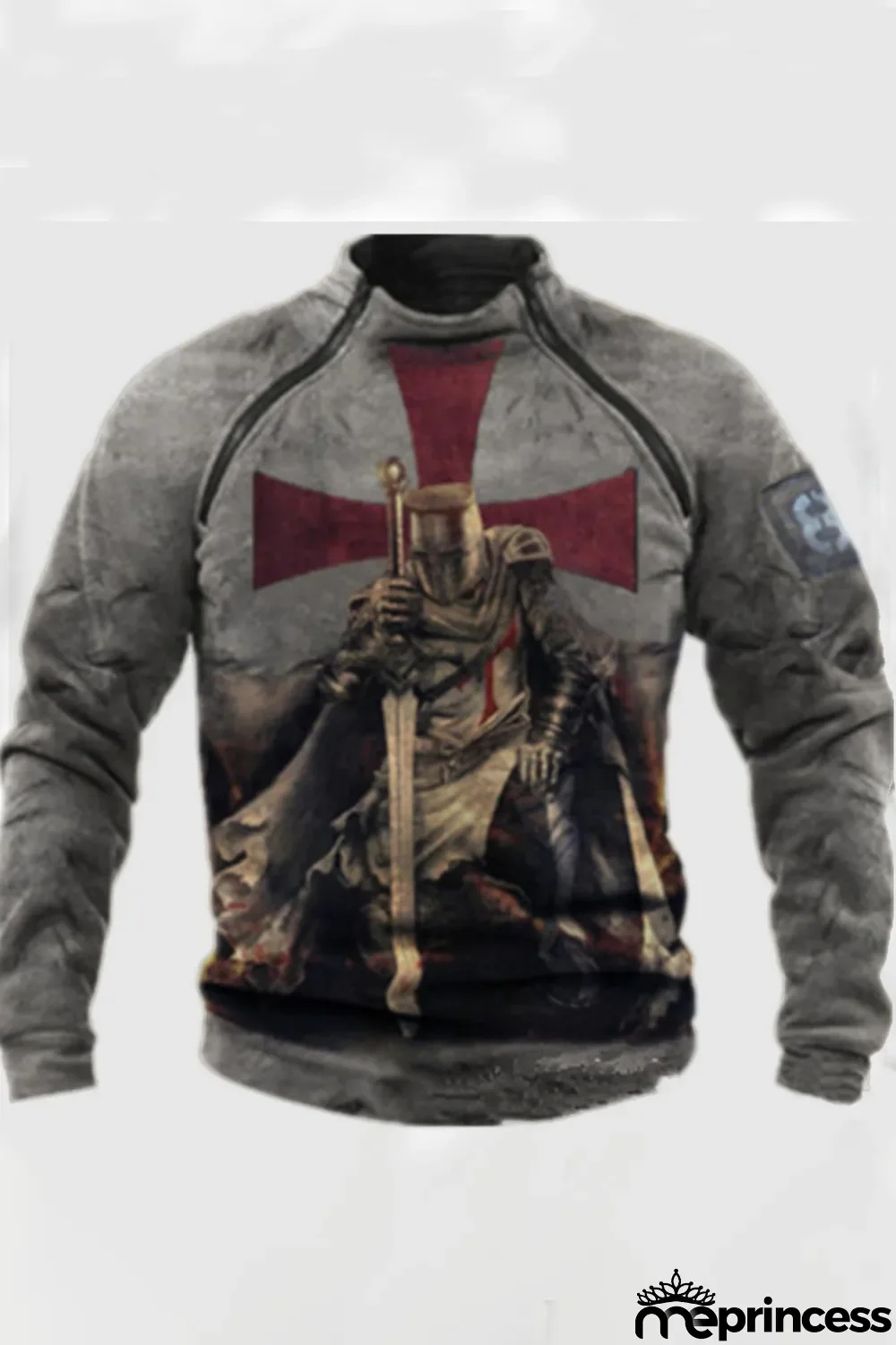 Grey Street Vintage Print Split Joint Zipper Collar Tops