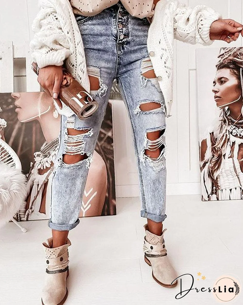 Blue Washed Denim Hole High Waist Ripped Jeans