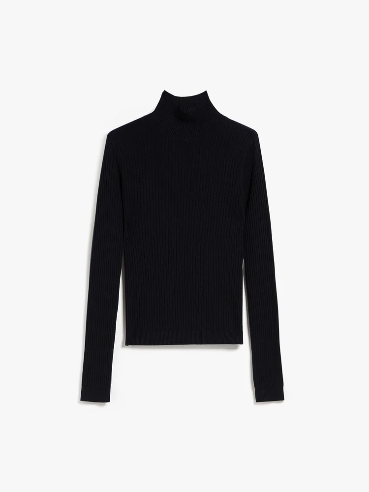 Rib-knit wool and silk polo-neck sweater - BLACK