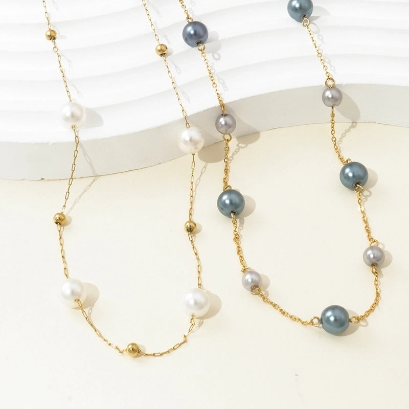 Elegant Geometric 304 Stainless Steel Artificial Pearls 14K Gold Plated Polishing Inlay Stainless Steel Necklaces