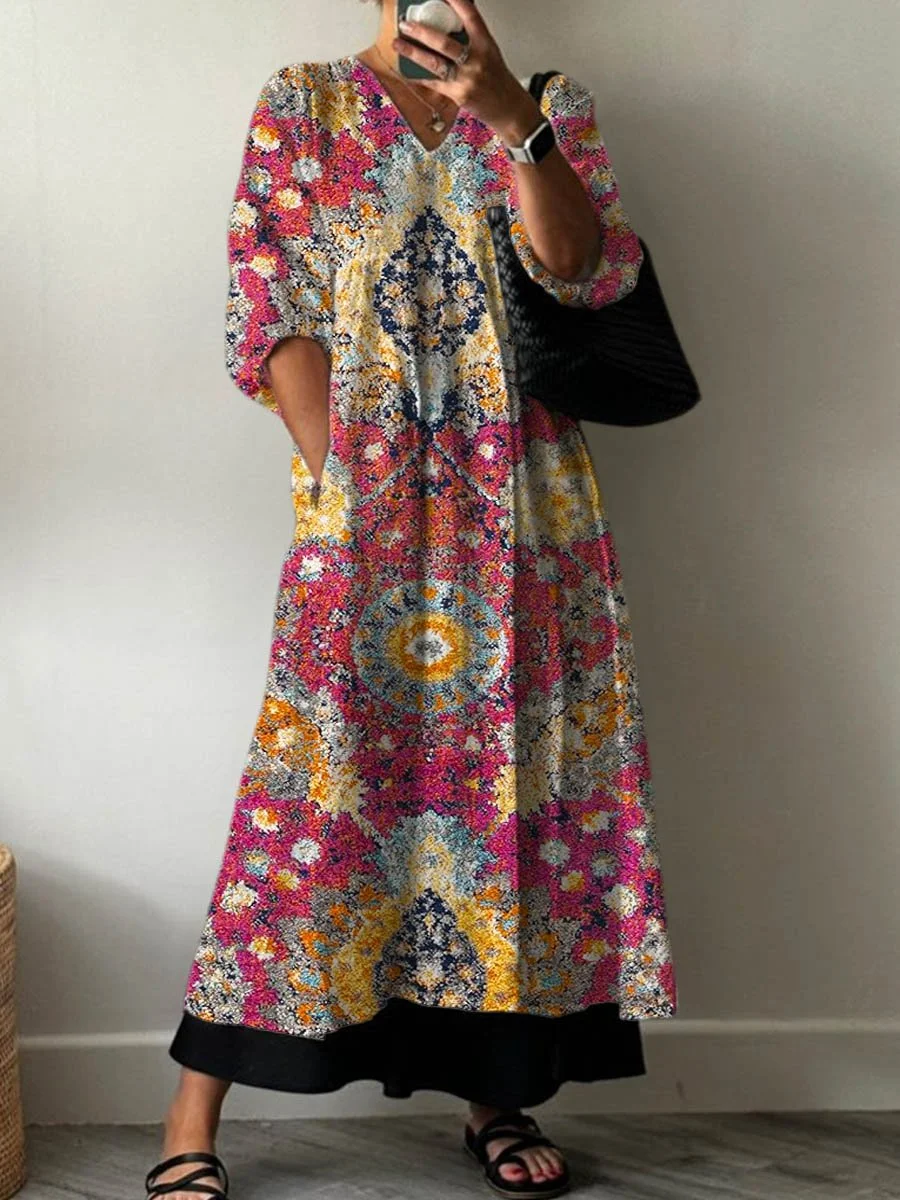 Women's Vintage Lovely Floral Art Print Pocket V-neck Cotton Dress