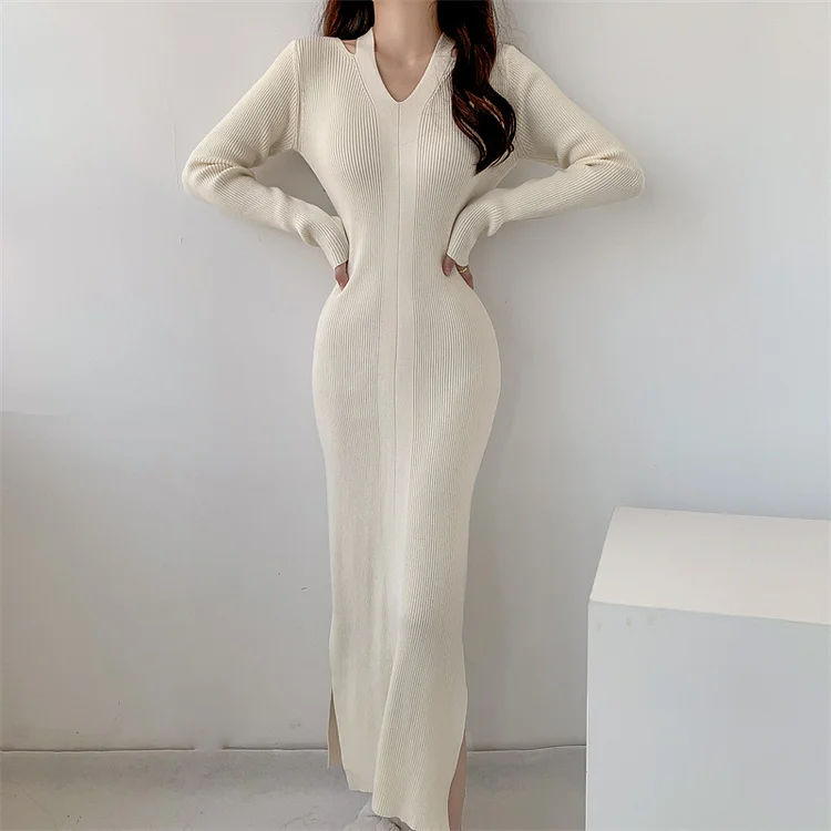 V Neck Solid Korean Fashion Elegant Knitted Sweet Sweater Dresses