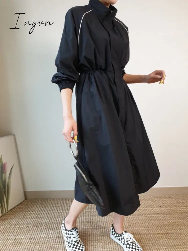 Ingvn - 2023 Autumn Long Sleeve Windbreaker Dress Korean Chic All-Match Stand-Up Collar Invisible