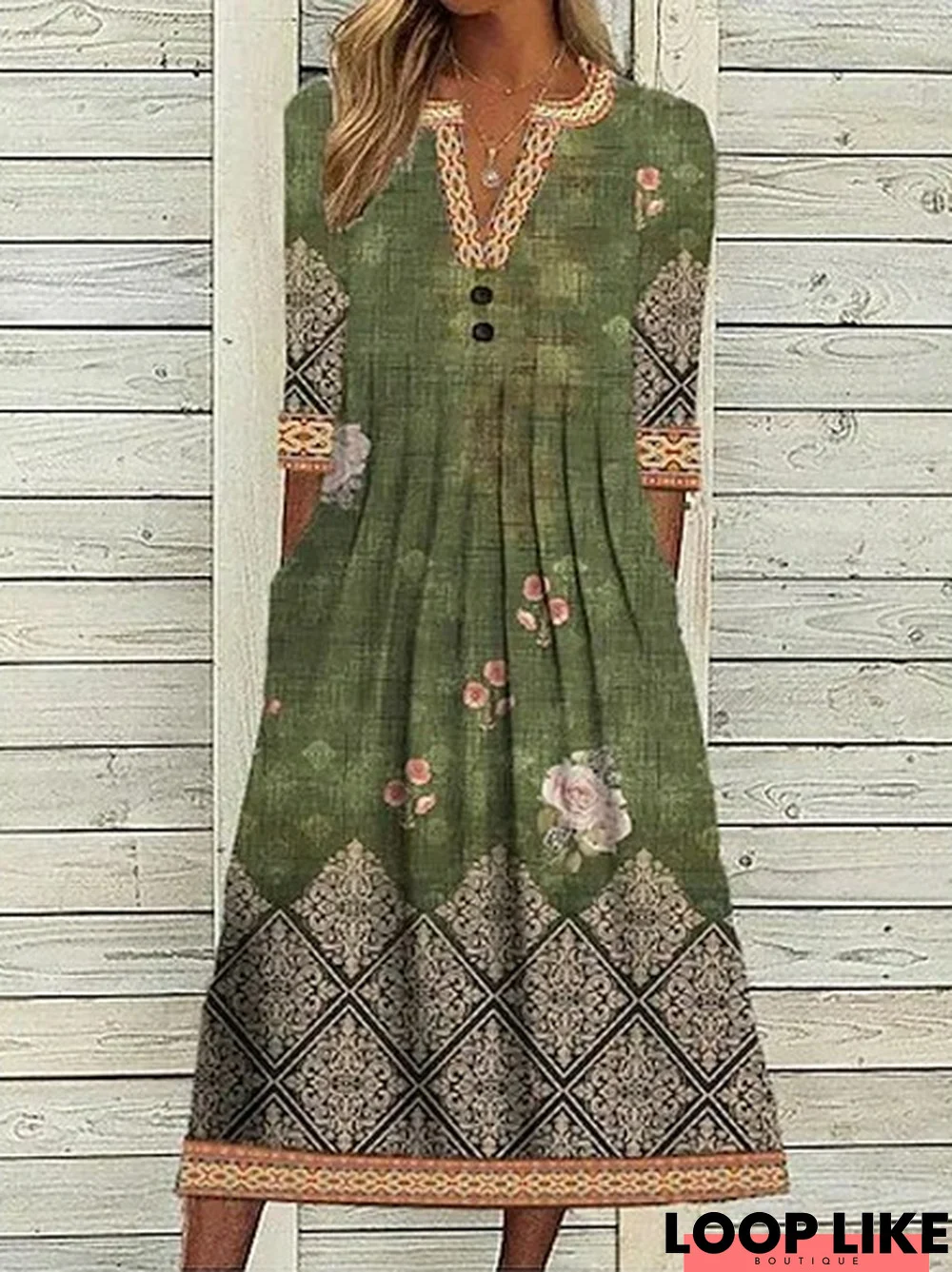 Ethnic Casual V Neck Regular Fit Dress