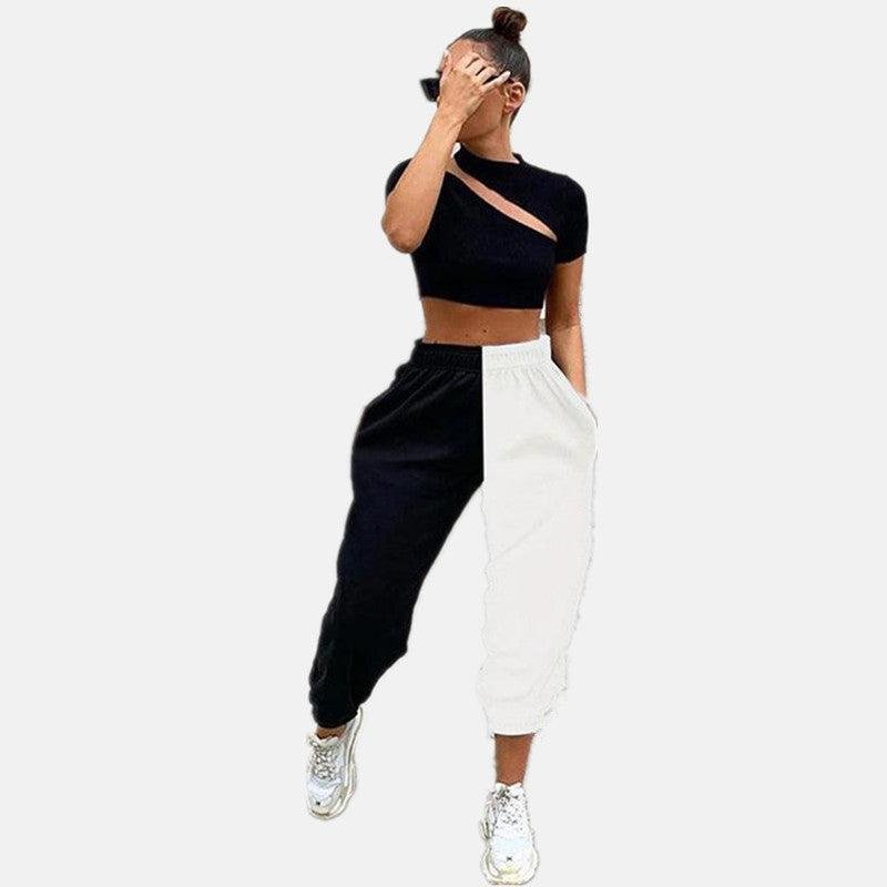 Black and White Contrast High Waist Casual Pants