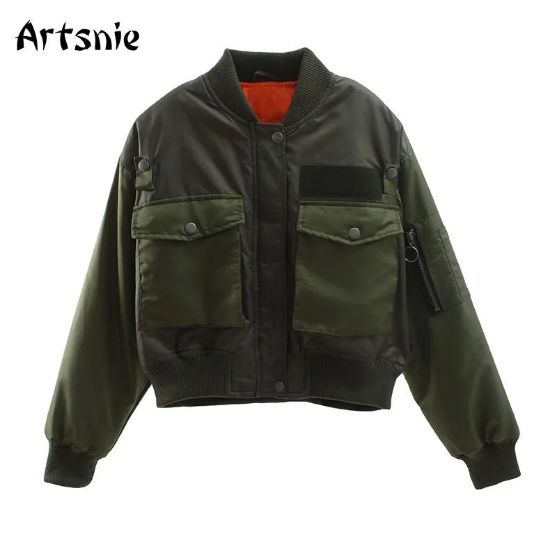 Artsnie Autumn 2020 Bomber Jacket Women Army Green Warm Zipper Pockets Winter Coat Female Jacket Parkas Femme Chaqueta Mujer