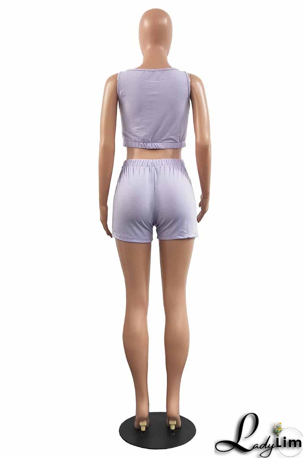 Light Purple Fashion Casual Letter Print Bandage U Neck Sleeveless Two Pieces