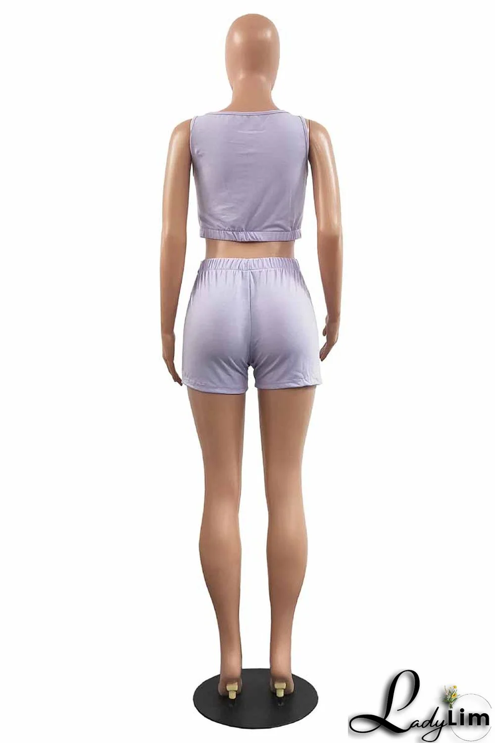 Light Purple Fashion Casual Letter Print Bandage U Neck Sleeveless Two Pieces