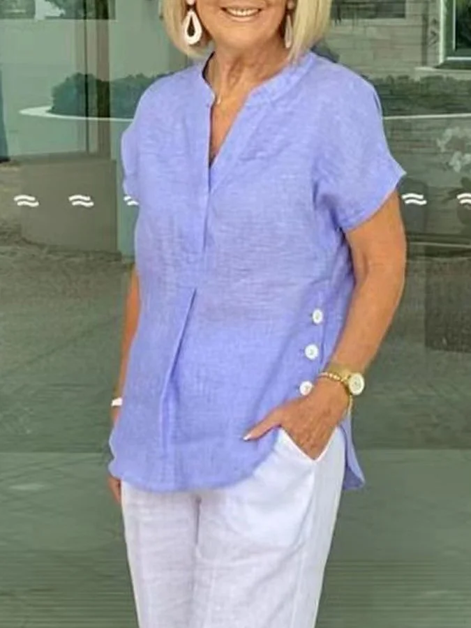 Women's Solid Color Elegant V-Neck Cotton Shirt
