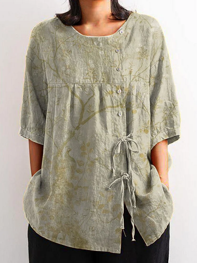Women's Vintage Lovely Bird Floral Art Print Casual Cotton And Linen Shirt