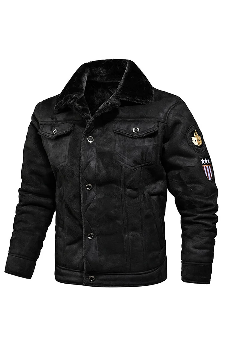 Casual PU Leather Single Breasted Long Sleeve Plush Lined Jacket