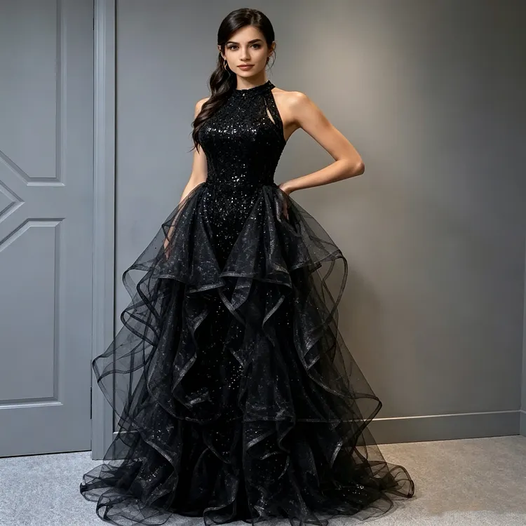 Midnight Starlight Black Glitter Ruffle Gown &ndash; Elegant Halter Neck Layered Tulle Evening Dress