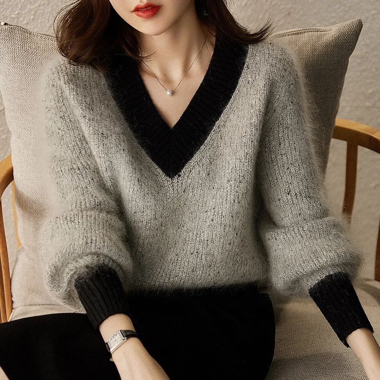 Light Gray Shift Color-Block Long Sleeve Sweater QueenFunky