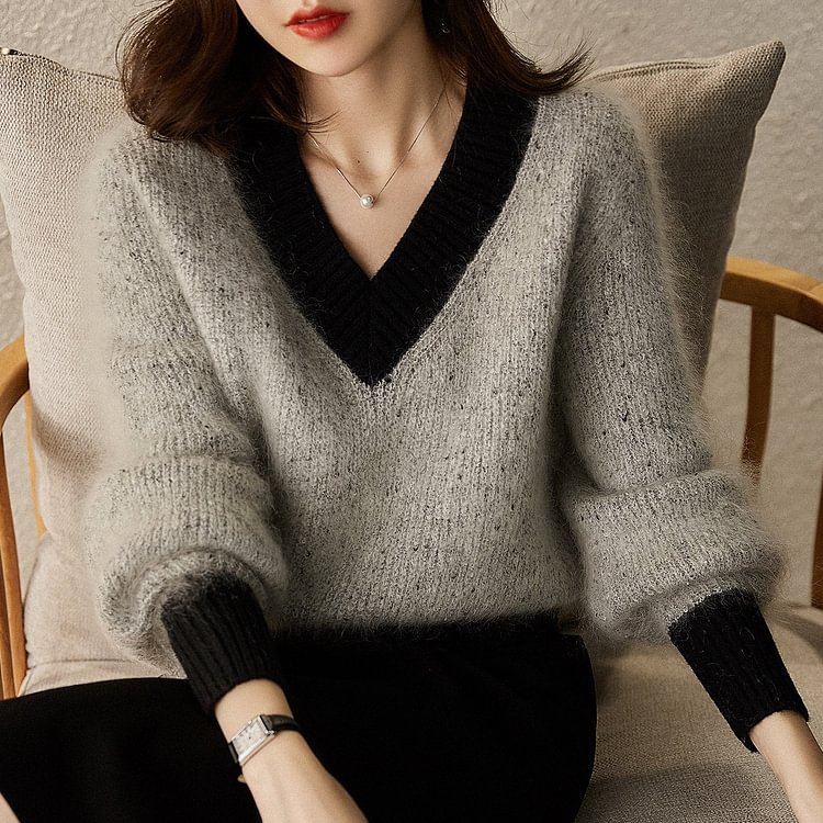 Light Gray Shift Color-Block Long Sleeve Sweater