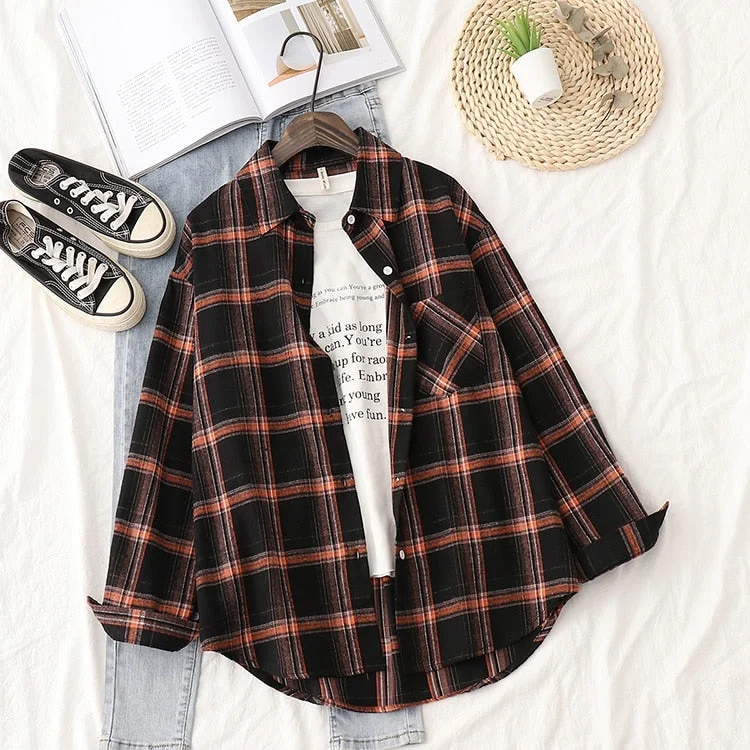 2022 Spring New Plaid Flannel Shirt Women Blouses And Tops Retro Cotton Lady Loose Outwear Chemisier Femme