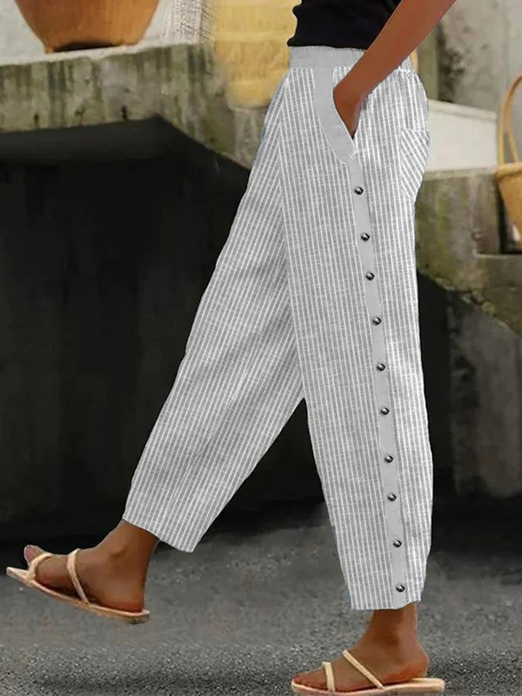 Comstylish Vintage Button Striped Printed Linen Cozy Pants