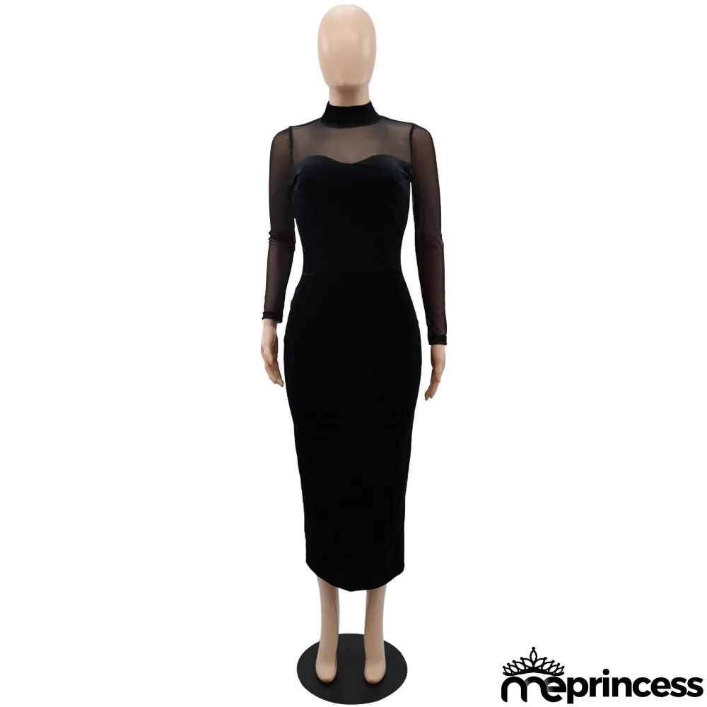 Long Sleeve Chic Mesh Patchwork Fit Women's Long Sleeve Midi Bodycon Dress