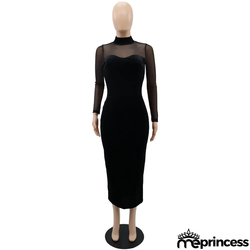 Long Sleeve Chic Mesh Patchwork Fit Women's Long Sleeve Midi Bodycon Dress