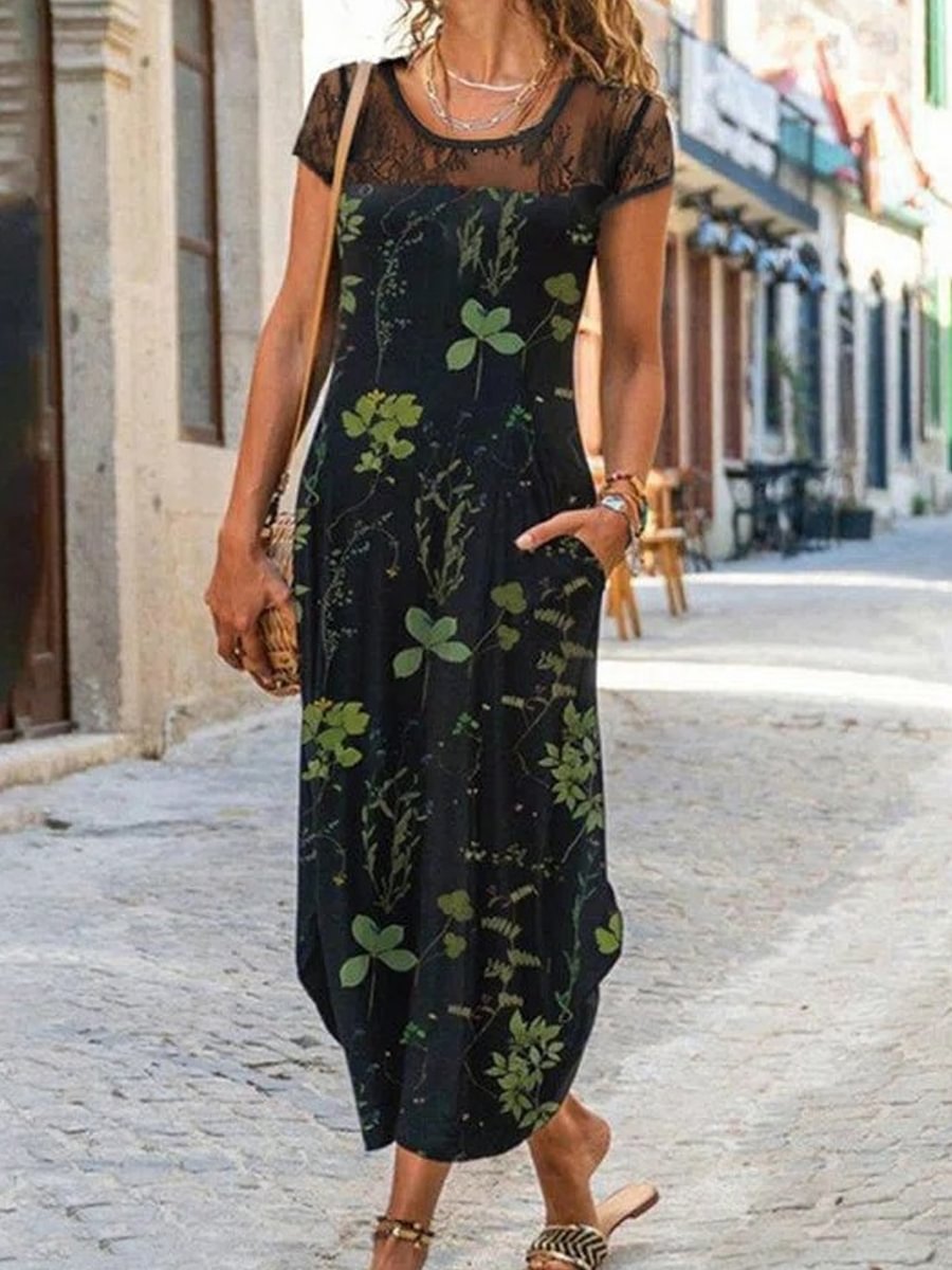 Loose Lace Panel Printed Short Sleeve Dress