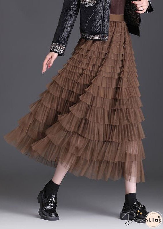 Stylish Coffee Ruffled Layered Patchwork Tulle Skirt Spring