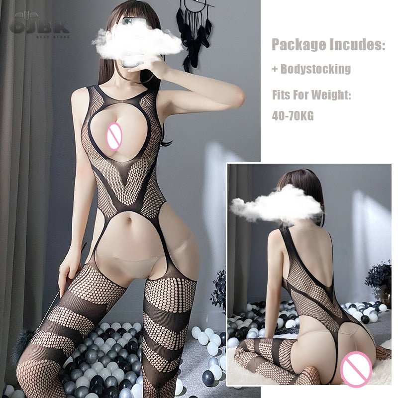 OJBK Sexy Hollow Out Fishnet Bodysuit See Through Erotic Lingerie Open Chest Stretch Mesh Body Stocking Sex Clothes For Couple