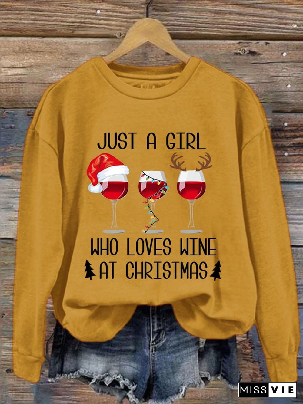 Women's Just A Girl Who Loves Christmas Red Wine Glass Print Crew Neck Sweatshirt