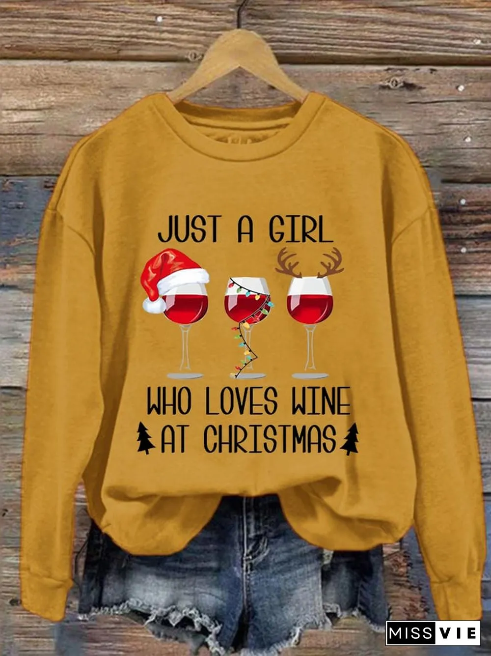 Women's Just A Girl Who Loves Christmas Red Wine Glass Print Crew Neck Sweatshirt