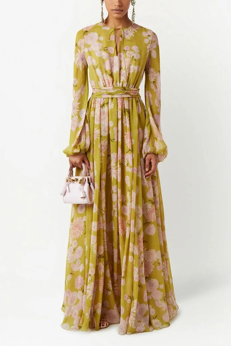 Floral Lace Up Puff Sleeve Maxi Dress