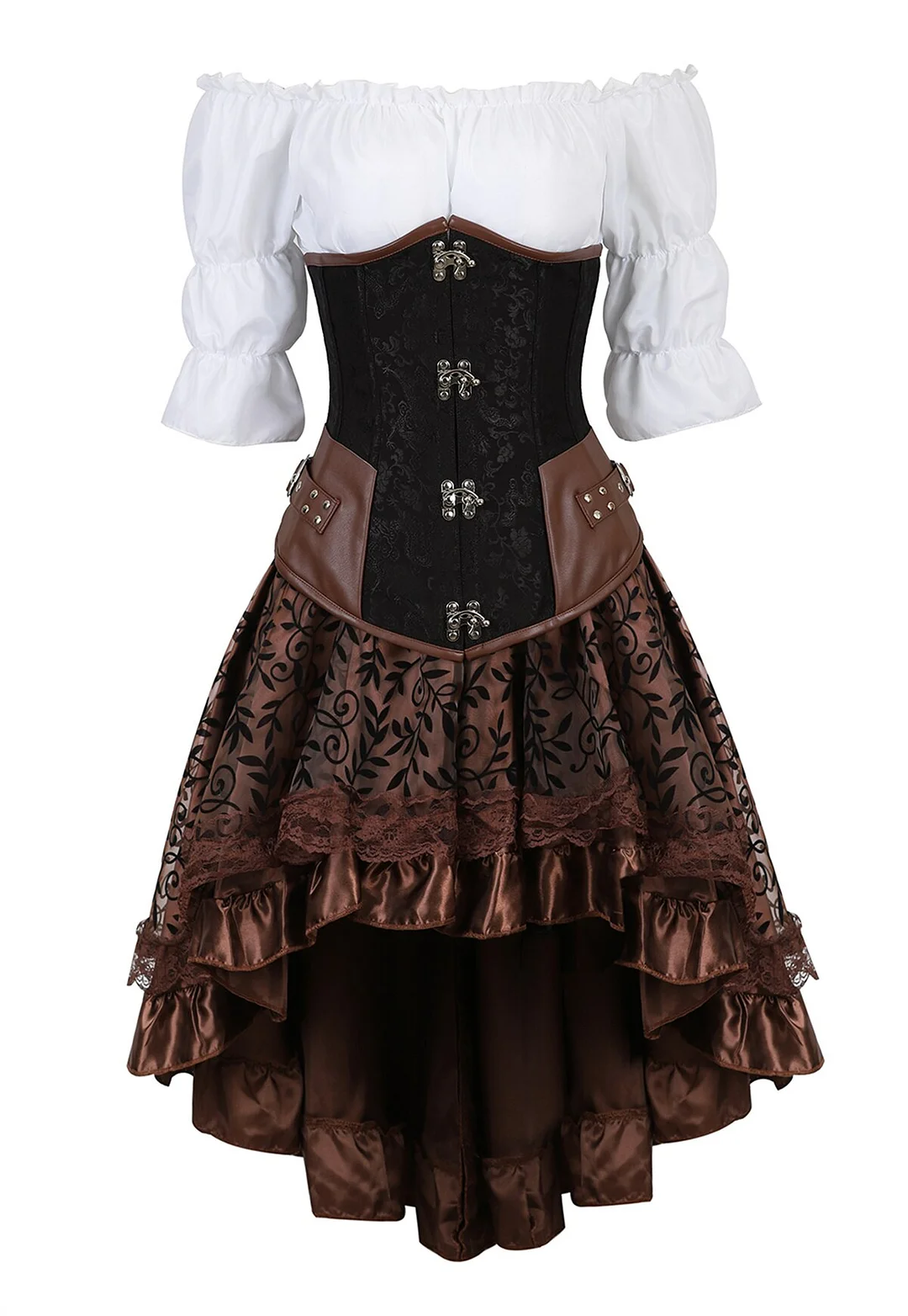Uaang Corset Dress Brown Pirate Costume Woman Skirt Plus Size Gothic Underbust Corset With Skirt Three Piece Set