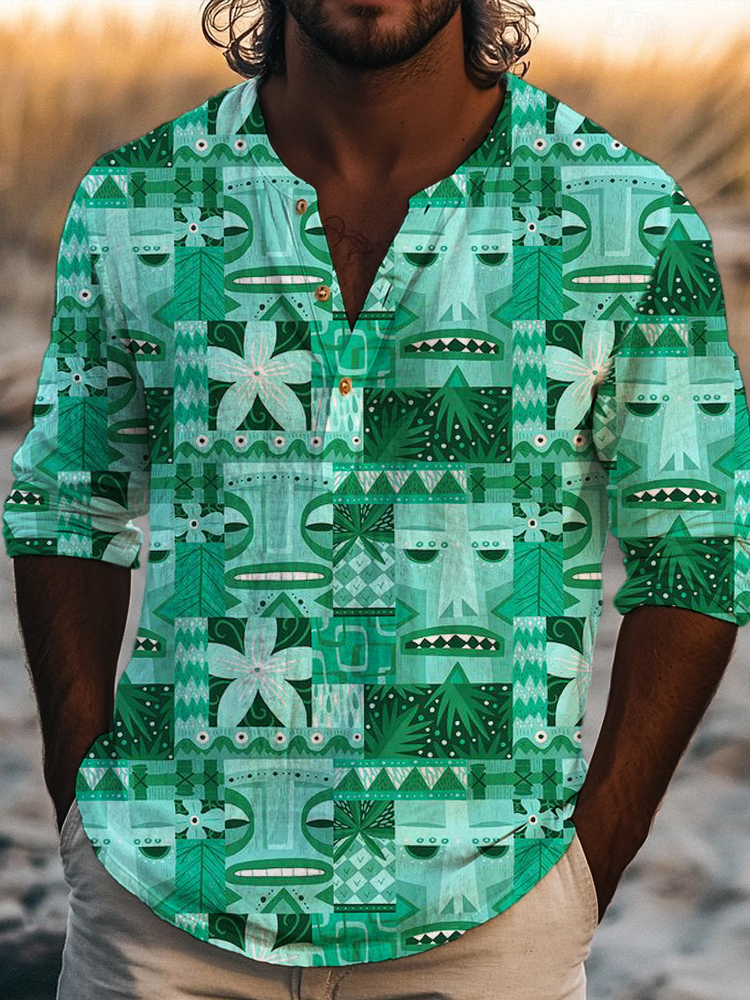 Tiki Pattern Men's V-neck Hawaiian Shirt