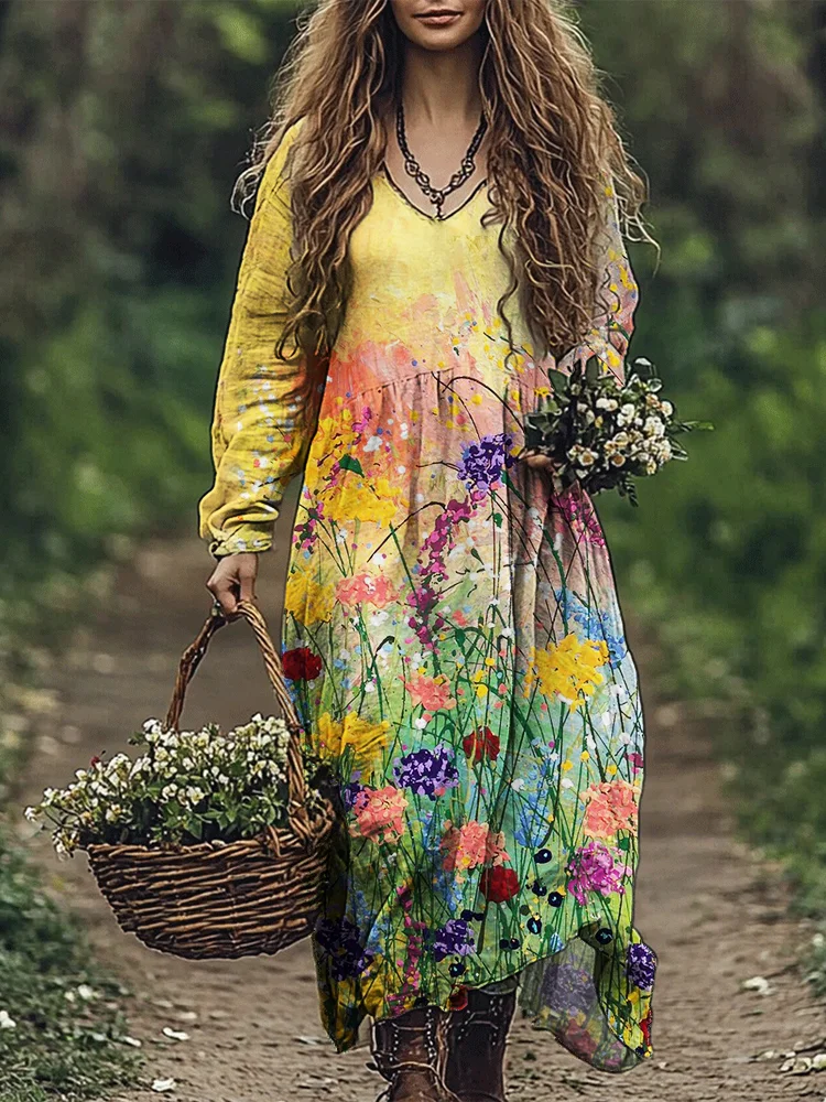 Wild Flowers Oil Painting Art Flowy Linen Blend Maxi Dress