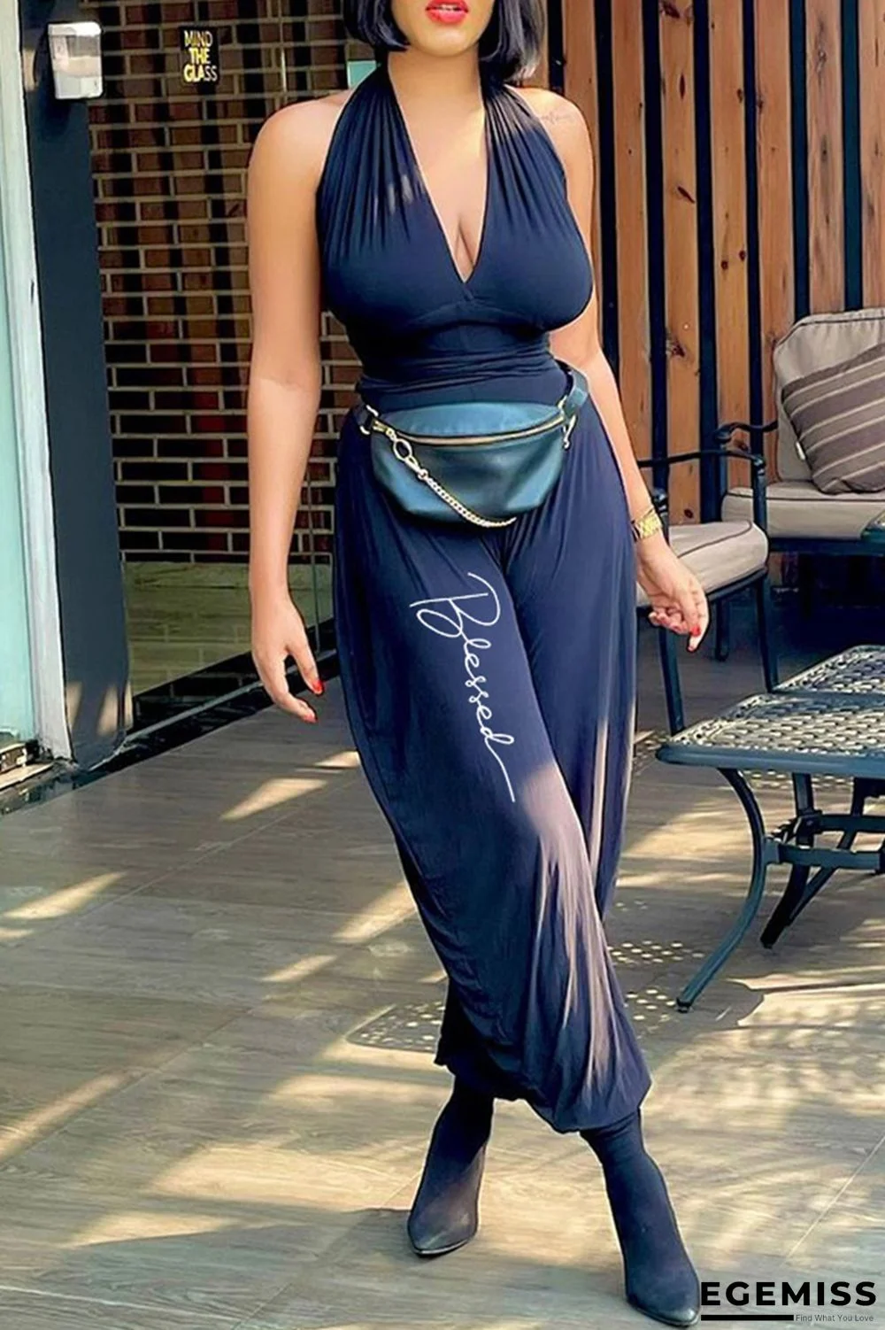 Black Fashion Casual Print Backless Halter Regular Jumpsuits | EGEMISS