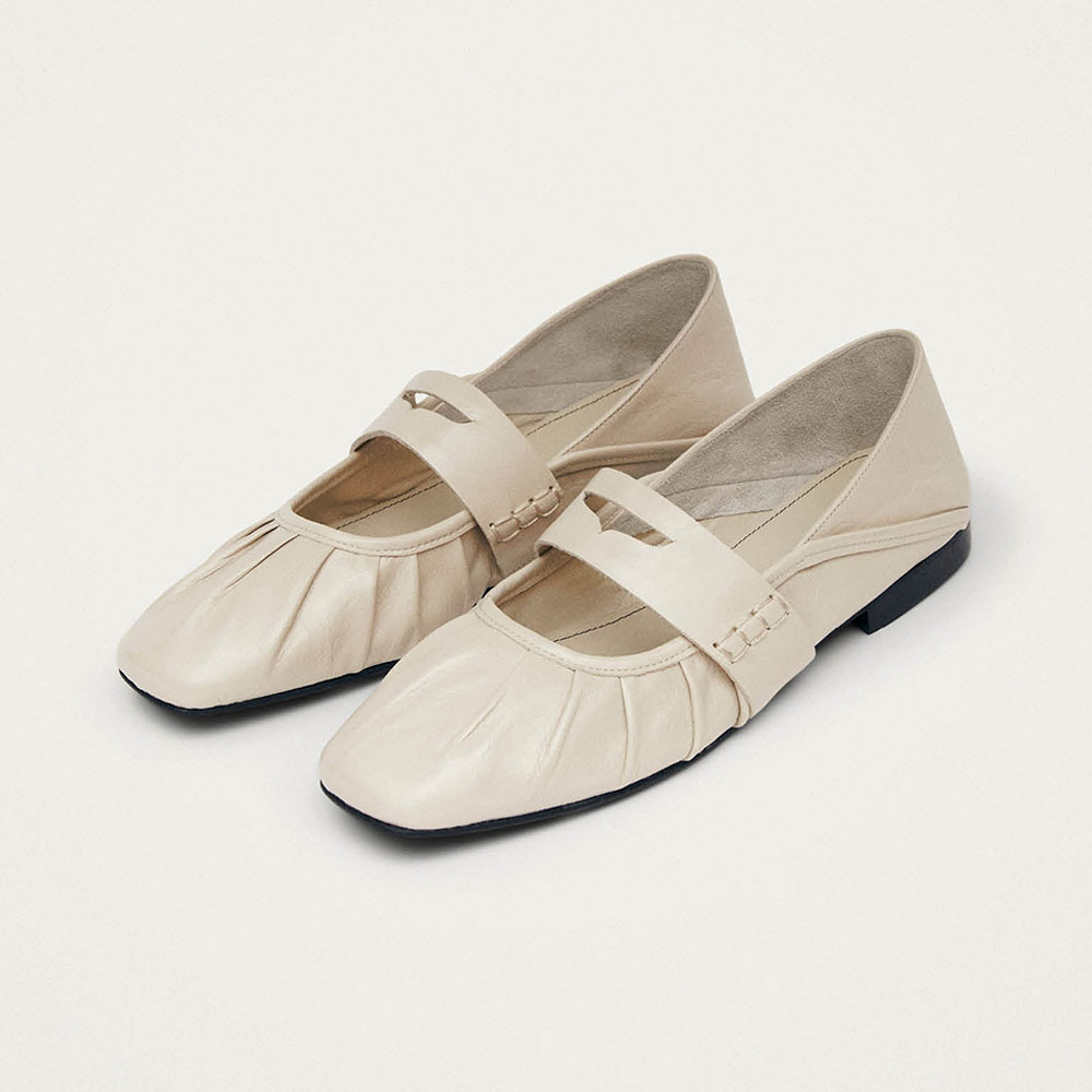 Women's Beige Mary Jane Square Toe Ballet Flat Shoes with Strap Nicepairs