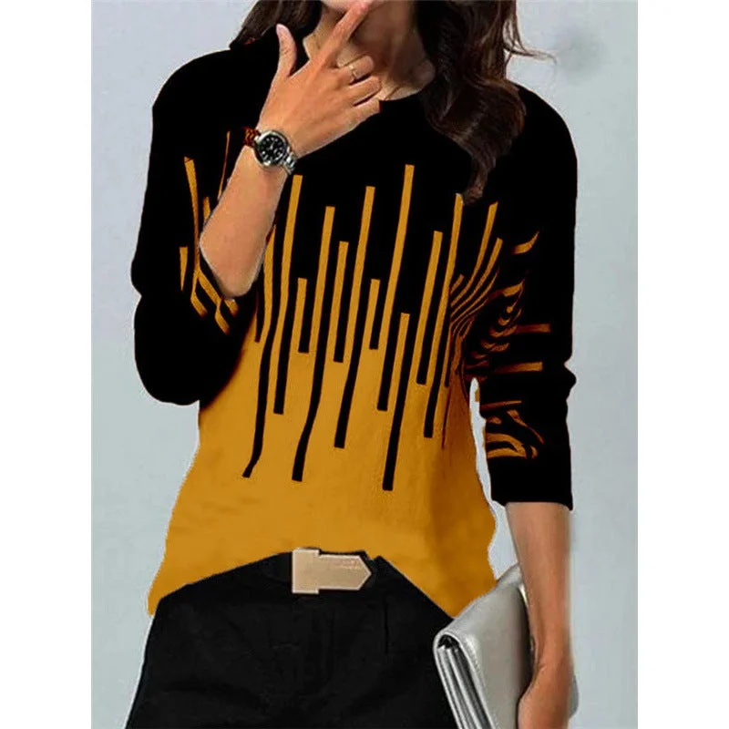 Uveng Loose Color Printed Round Neck Long Sleeve T-shirt