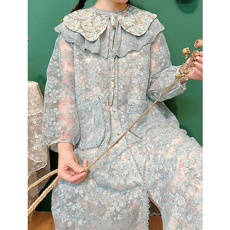 Queenfunky cottagecore style Organza Dress With Big Removable Lace Collar QueenFunky