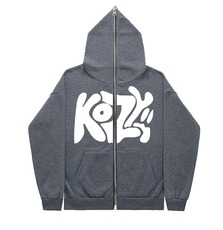 Letter Printed Oversize Sweatshirt Full Zip Up Hoodie at Hiphopee