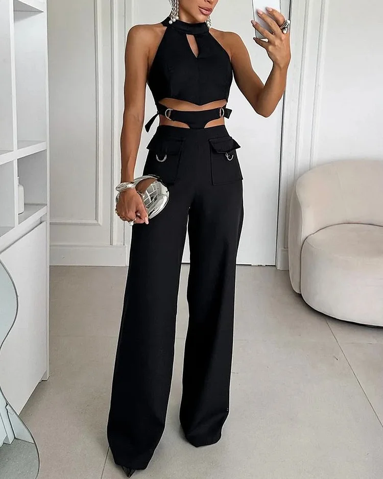 Sleeveless hollow solid color style two-piece set