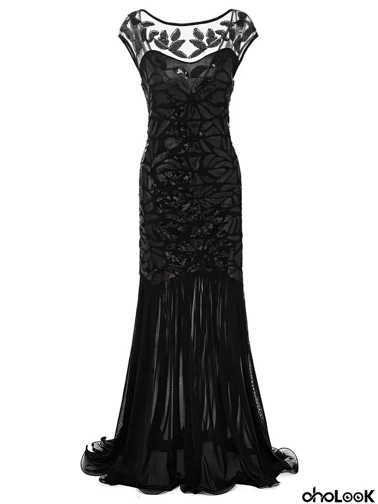 Black 1920s Sequin Maxi Flapper Dress