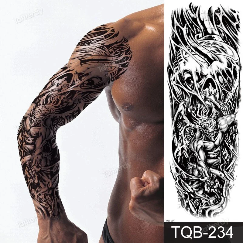 skull sleeve tattoo designs large full arm temporary tattoos for men boy tatoo fake waterproof tiger totem lion dragon pattern