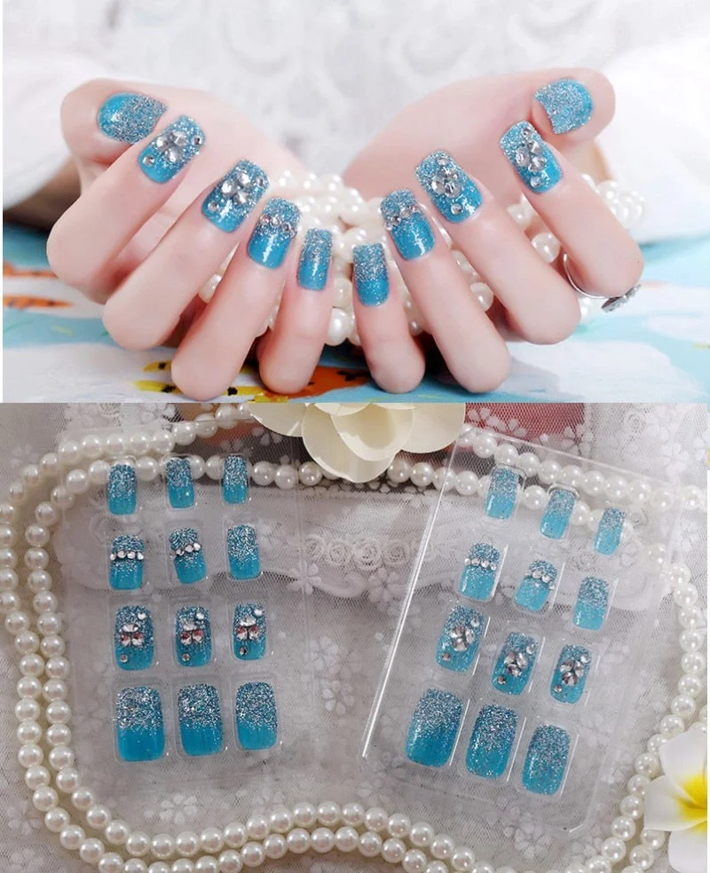 24Pcs/Set Fake Nails Press on Girls Finger Beauty False Nail Art Tips Bright Shining 3D Diamond Full Cover French Nail Art Tips-Nail Inspo