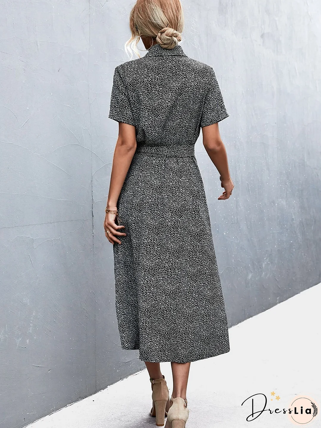 Printed Tie Waist Short Sleeve Shirt Dress