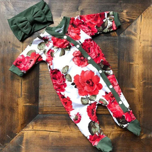 2PCS Lovely Full Floral Printed Long Sleeve Baby Jumpsuit