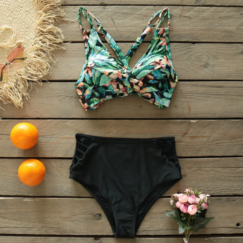 Sexy High Waist Bikini Set 2021 New Push Up Bandage Swimwear Women Print Floral Two Pieces Swimsuit Beach Wear Strappy biquini
