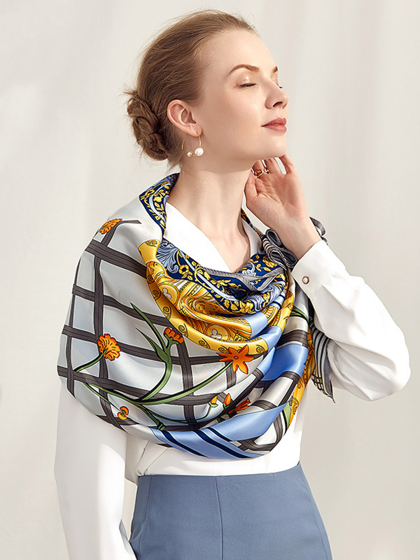 Blue Silk Scarf Plaid Blooming Style For Women